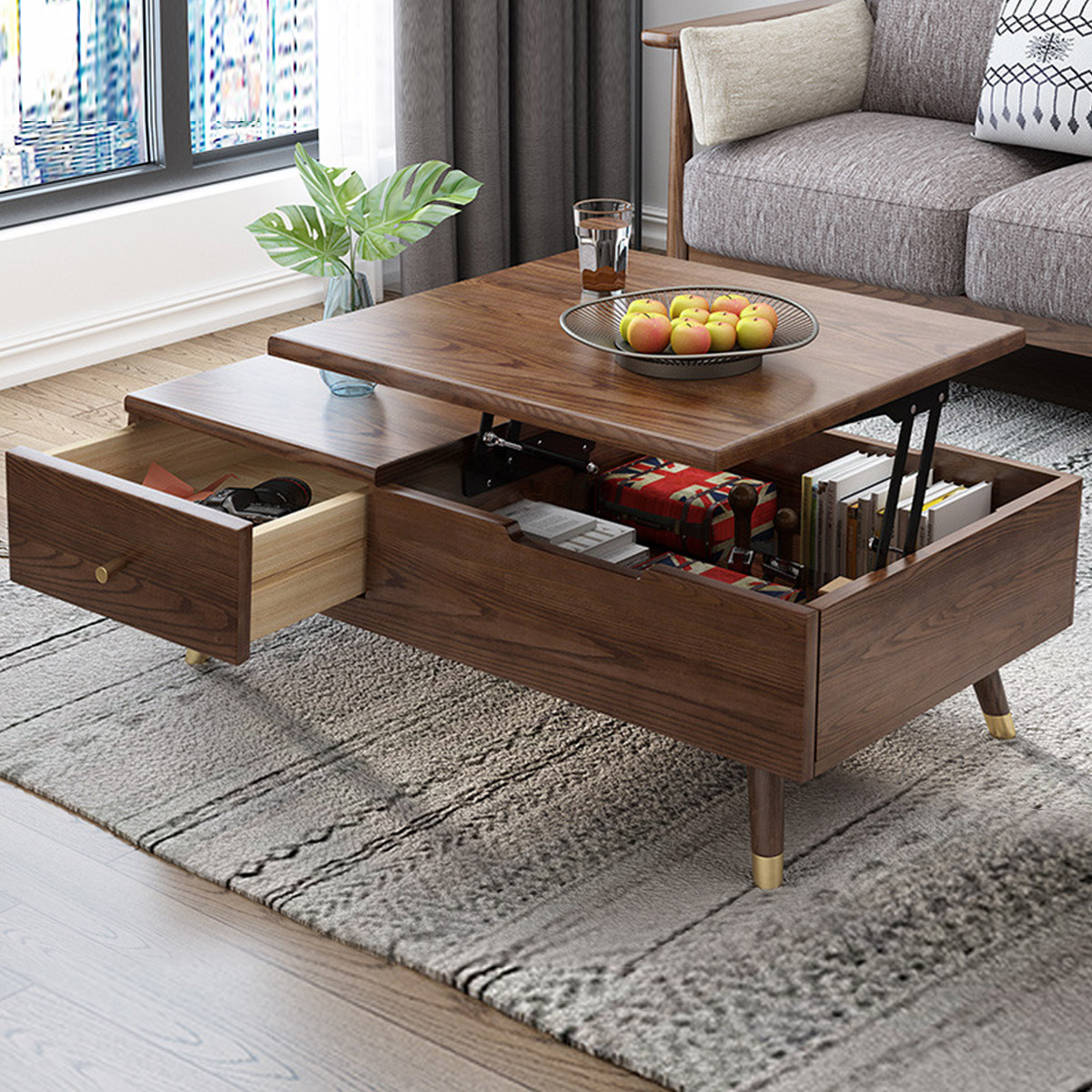 木格尚品 北欧全实木多功能折叠升降茶几餐桌两用日式白蜡木胡桃色