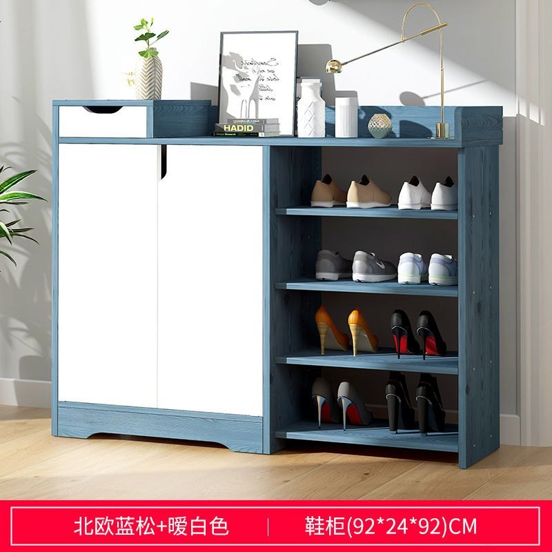亿家达鞋柜简易鞋柜子鞋架木质木柜子储物柜玄关超薄简约现代鞋柜 92cm长北欧蓝松木色+暧白色