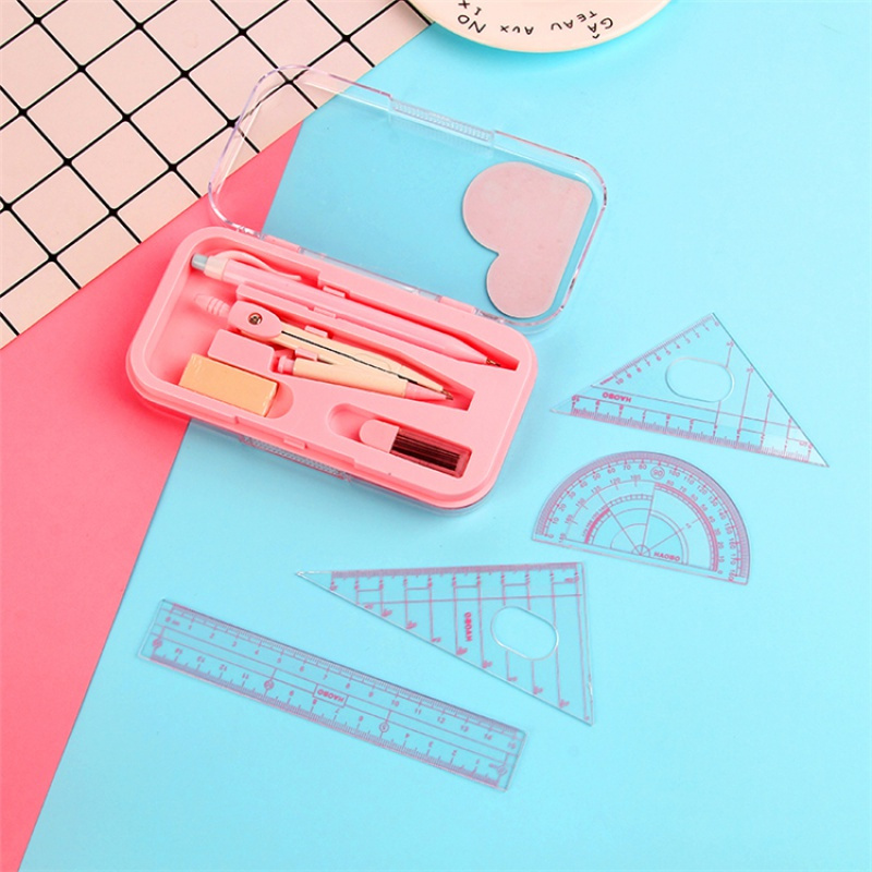 粉红色圆规八件套圆规8件金属圆规尺子套装绘图尺规学生考试套尺直尺