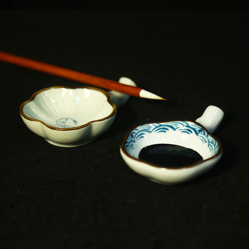 赋比兴旗舰店 多功能笔舔墨碟 景德镇陶瓷毛笔架笔洗笔搁文房四宝 学生书法用品盛墨汁用水碟墨盒
