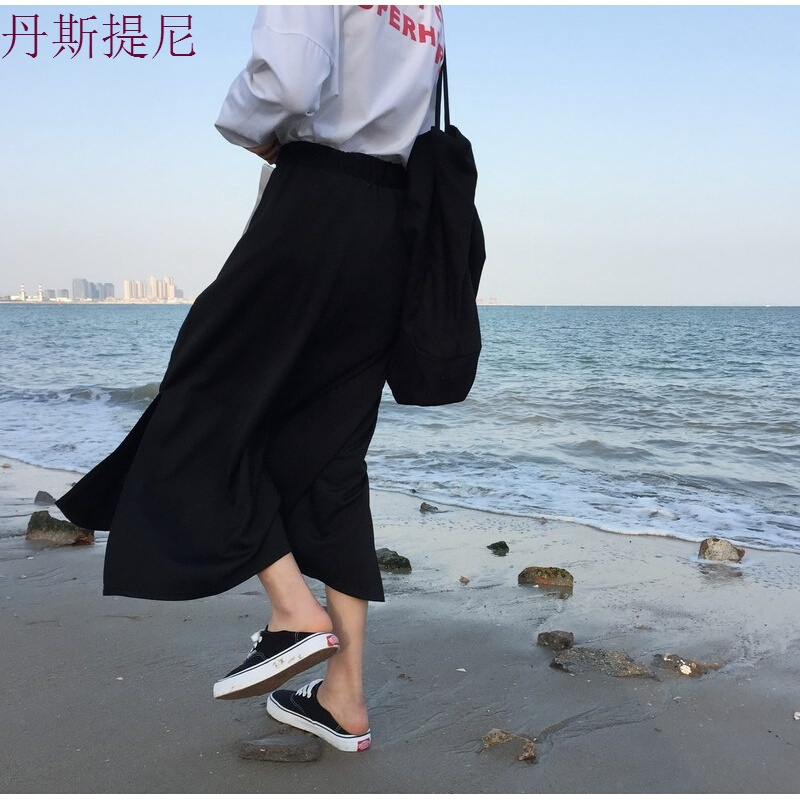 2018女春夏不规则港味开叉一片式中长裙子半身裙黑色