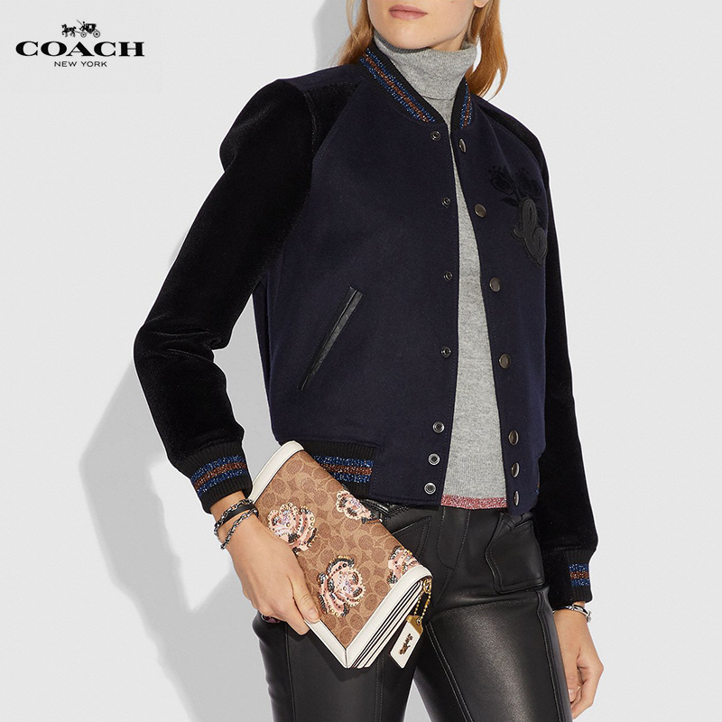 直营蔻驰coachriley系列玫瑰印花装饰女士牛皮单肩斜挎包风琴包小方包