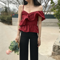 韩版复心格单肩带漏肩上衣百搭荷叶边腰短款衬衫潮红均