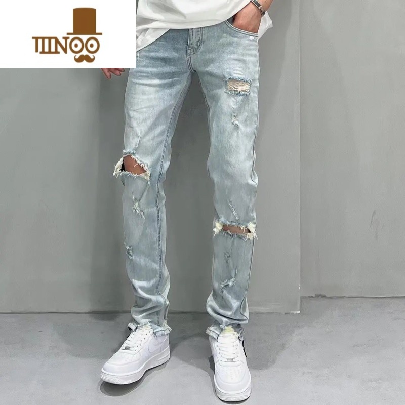 YANXU高端牛仔裤男破洞2022夏季新款韩版修身小脚时尚百搭微弹牛仔长牛高清大图