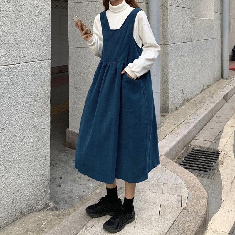秋季新款复古背带连衣裙女学生长裙韩版宽松百搭显瘦中长款a字裙