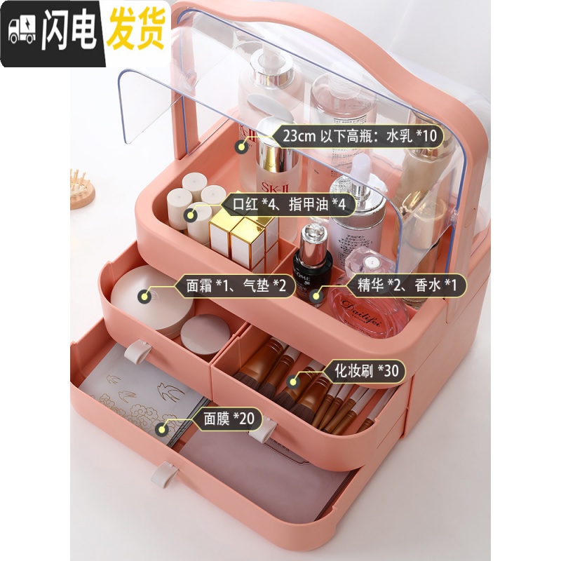 三维工匠网红化妆品收纳盒桌面防尘特大号家用带盖宿舍梳妆台护肤品置物架高清大图