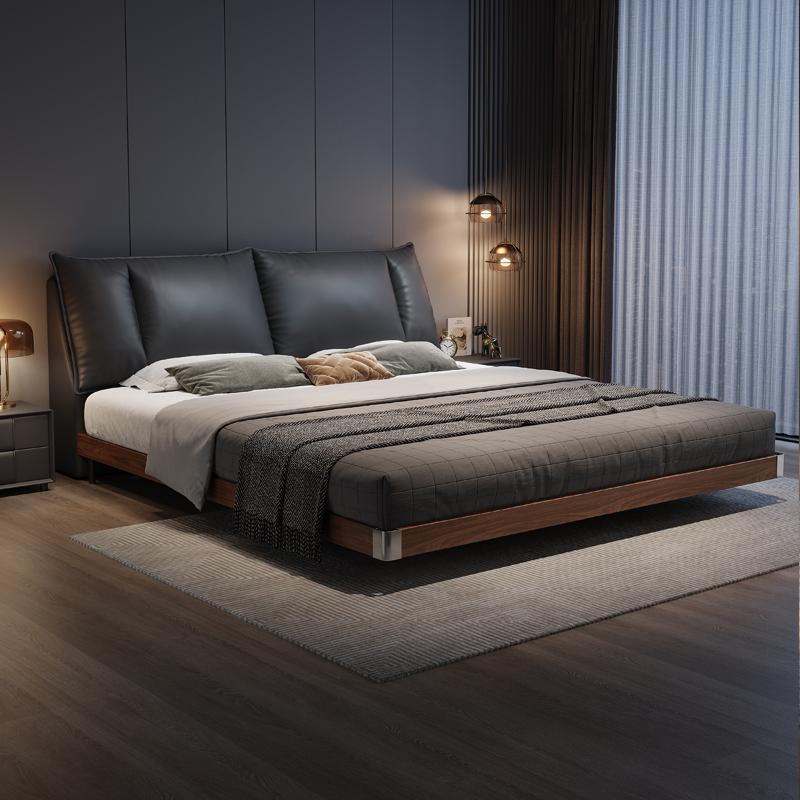 意式真皮床轻奢现代简约双人床主卧室带灯满铺榫卯悬浮床软包婚床高清大图