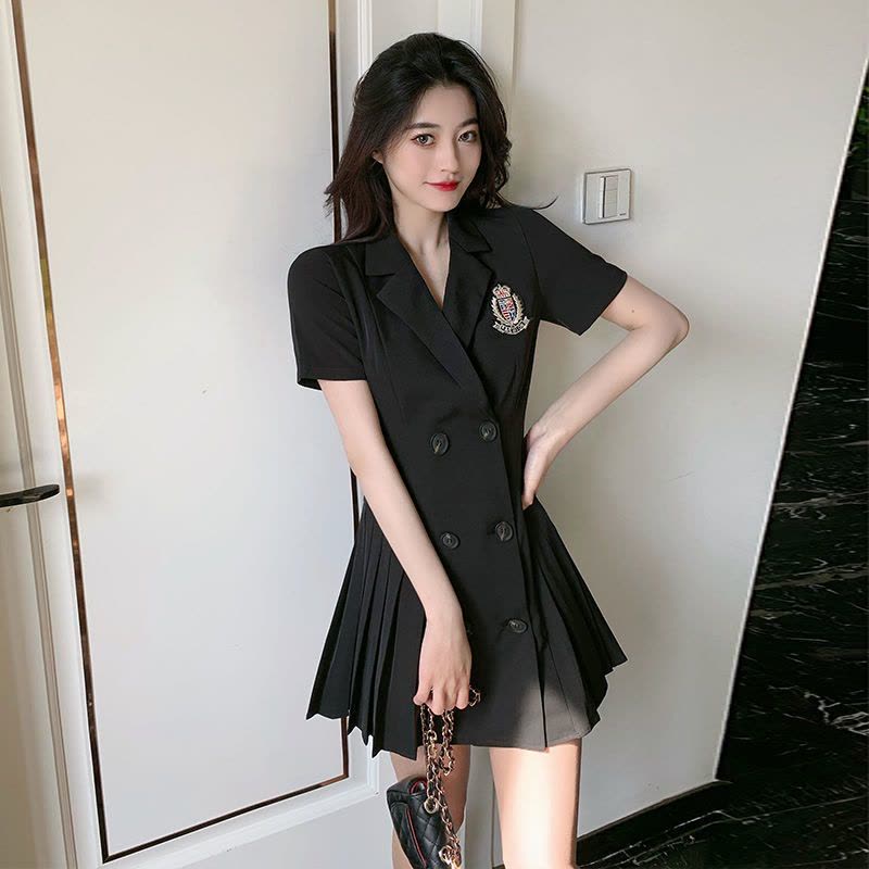 美动态大码女装夏季法式小众百褶西装裙胖mm藏肉显瘦显瘦连衣裙图片