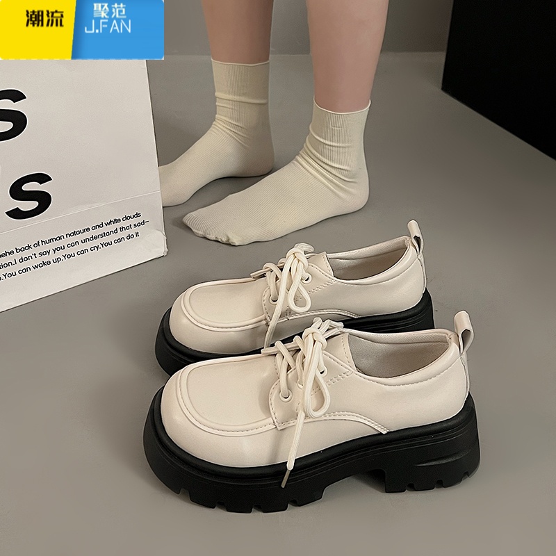聚范小皮鞋女英伦风2024春季新款日系jk鞋圆头复古厚底系带配裙子单鞋 米白色 35