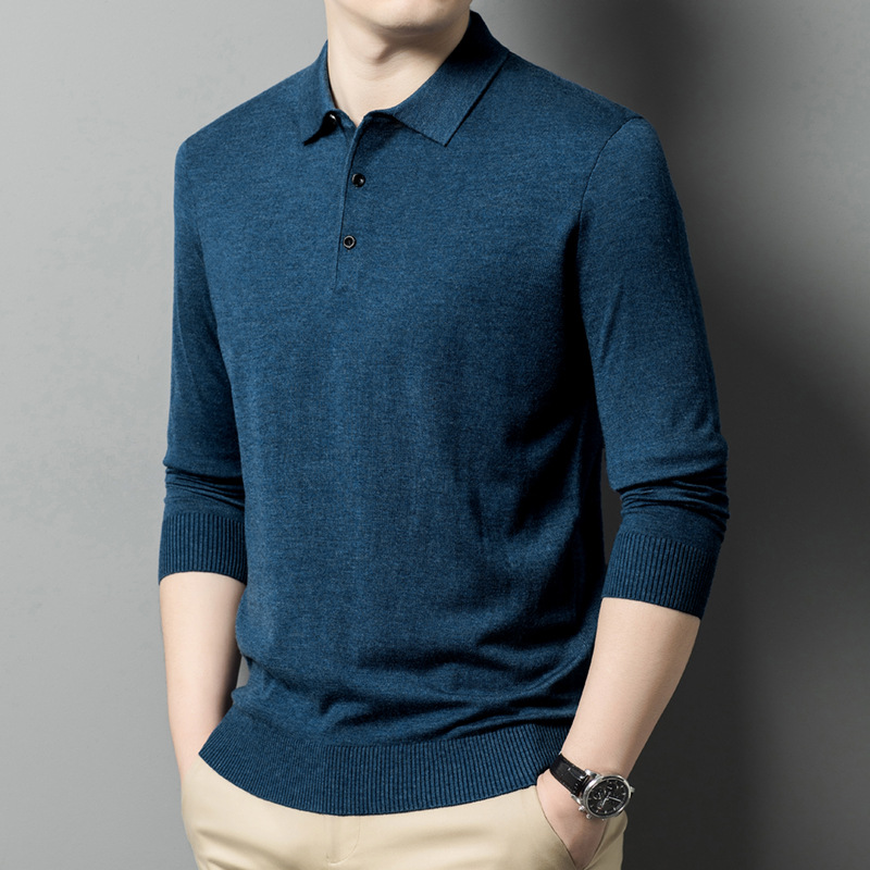 啄木鸟精纺80支羊毛衫春秋新款中年男士毛衣翻领长袖羊绒衫针织衫高清大图