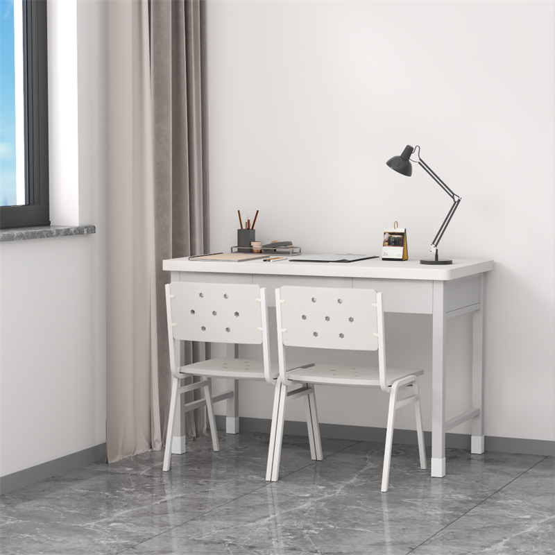 富路达钢制学习桌写字桌电脑桌内务办公桌宿舍三抽桌+两椅高清大图