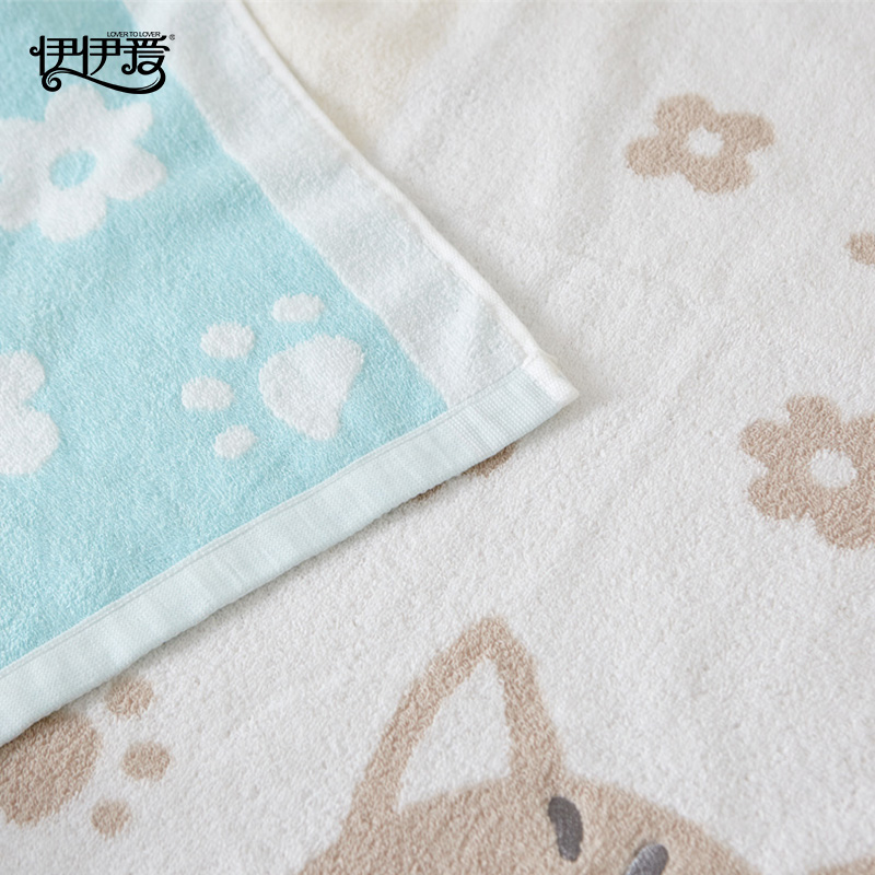 伊伊爱 YBH25198 全棉色织猫咪 浴巾 蓝色高清大图