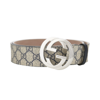 GUCCI/古驰 腰带 男款经典款大logo双G印花米蓝帆布银扣