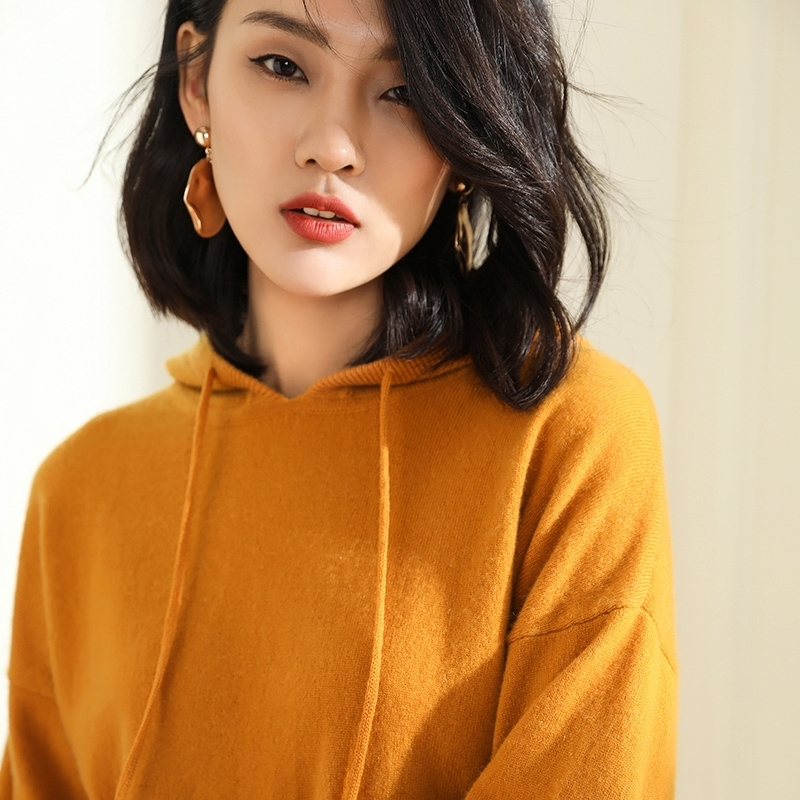 18秋冬女士新款100%纯山羊绒衫休闲帽衫针织衫打底毛衣宽松韩版