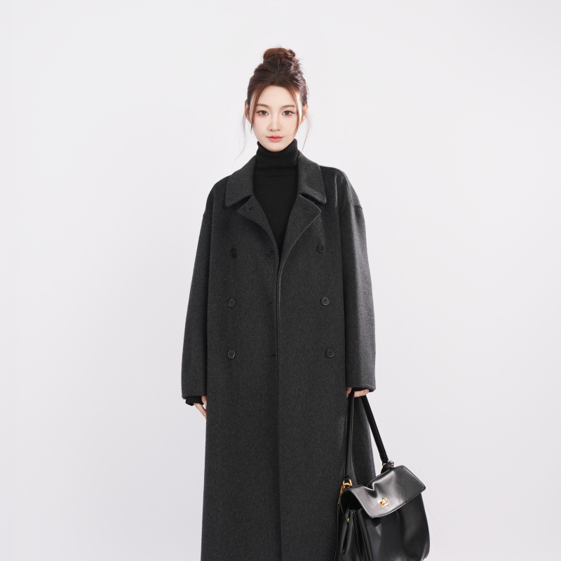 宽松气质百搭时尚中长款大衣女士春秋冬款小个子双面毛呢羊毛大衣 M 炭黑