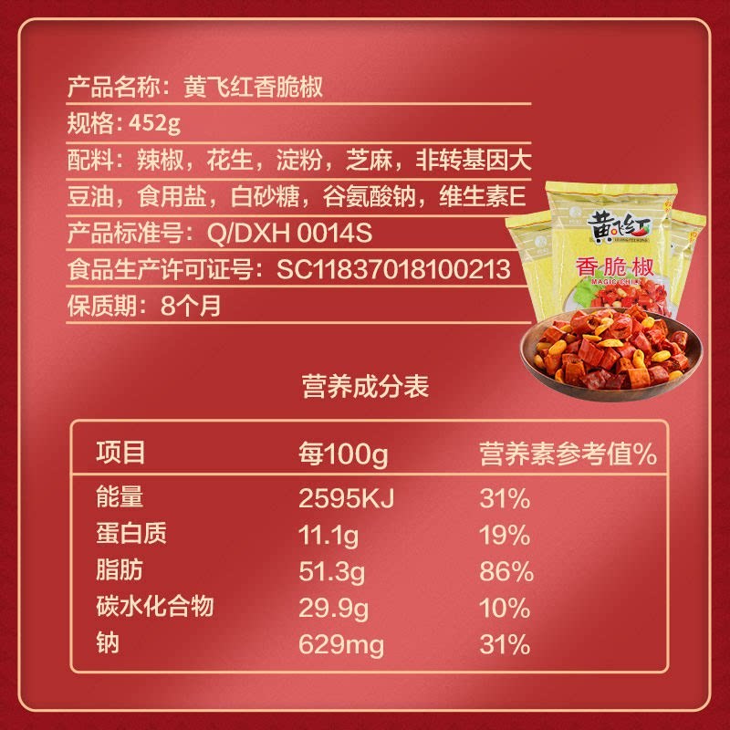 [黄飞红香脆椒308g*3袋休闲零食]黄飞鸿酥脆下酒菜休闲零食小吃清香可口大粒花生米