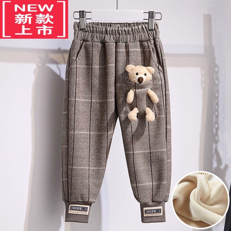 可莉允女童加厚休闲裤冬季2022新款洋气儿童可爱小熊格子加绒保暖卫裤潮保暖裤图片