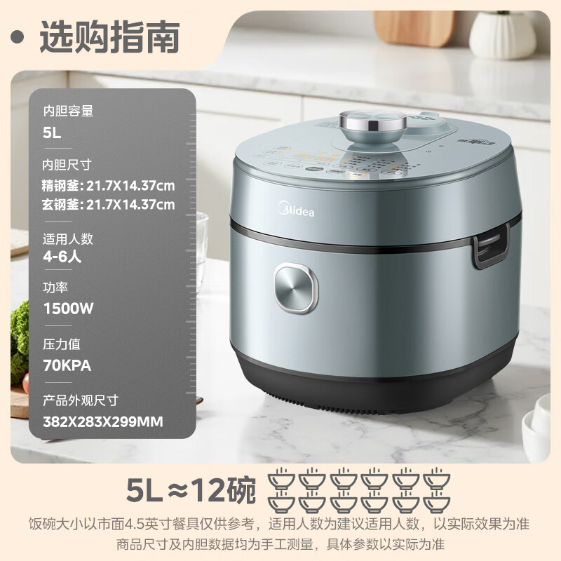 美的(Midea)0涂层IH电压力锅家用5L双胆多功能祛脂压力锅煮饭煲汤炖肉炖焖一键排压智能高压锅 MY-S580F高清大图
