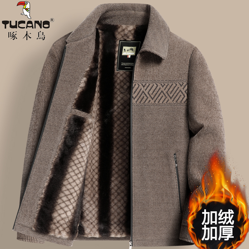 啄木鸟中老年人毛呢夹克男爸爸冬装外套加绒加厚冬季爷爷保暖棉棉高清大图