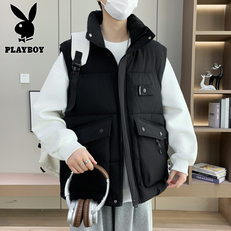 花花公子新款高品质M-329工装马甲男立领大口袋潮流青少年加厚保暖单穿冬季坎肩单穿高清大图