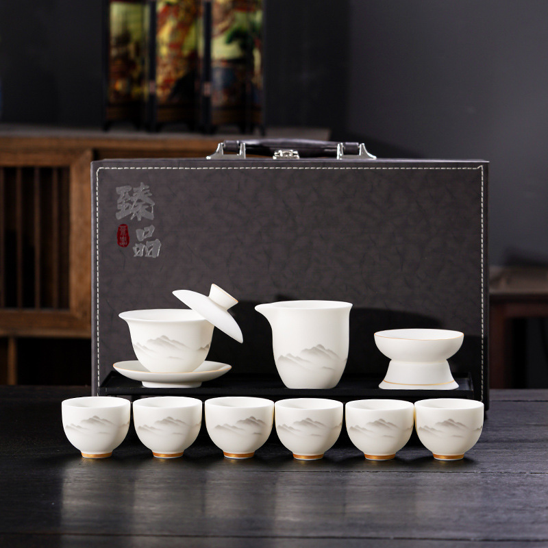 华普思高档轻奢德化羊脂玉陶瓷功夫茶具套装一整套盖碗茶壶年会伴手礼品 10头远山盖碗禅定杯套装