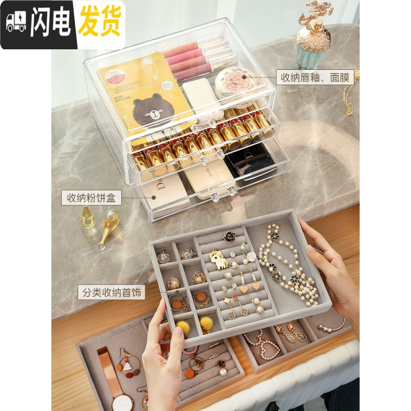 三维工匠网红首饰盒亚克力化妆品收纳盒放戒指耳环耳钉手饰架挂项链展示架高清大图