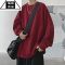 希杰狮王酒红色螺纹领口t恤男长袖美式薄款卫衣oversize小领口打底衫秋衣