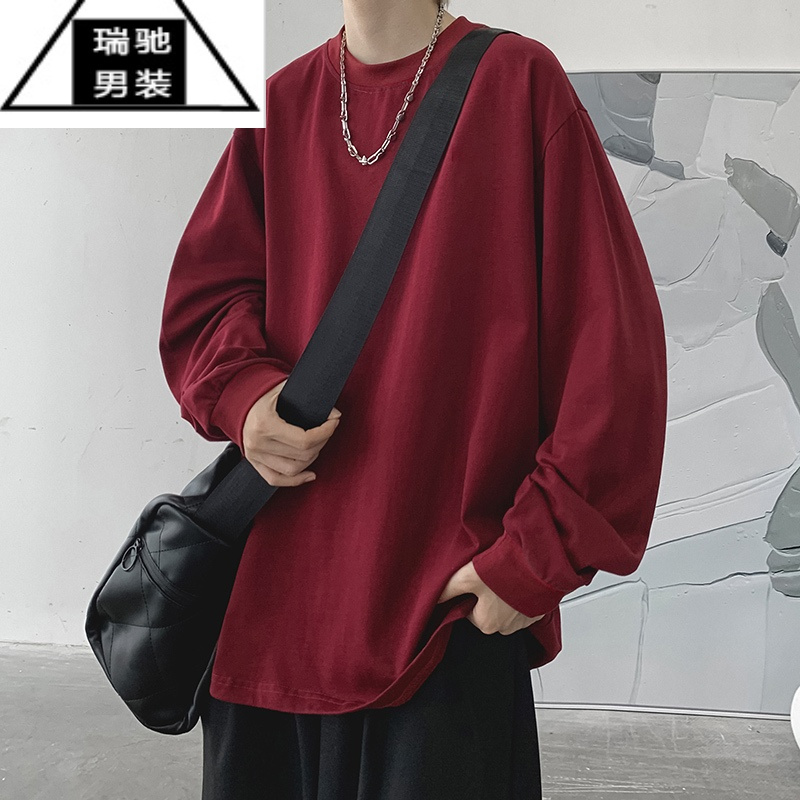 希杰狮王酒红色螺纹领口t恤男长袖美式薄款卫衣oversize小领口打底衫秋衣