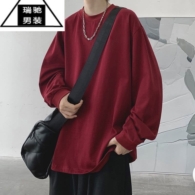希杰狮王酒红色螺纹领口t恤男长袖美式薄款卫衣oversize小领口打底衫秋衣图片