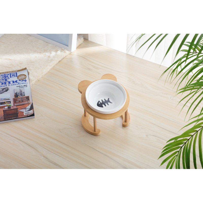 猫碗高脚猫咪喂食碗保护颈椎斜口狗碗可爱猫盆双碗陶瓷饮水宠物 可爱竹木黑鱼骨+单碗套装 猫咪/小型犬