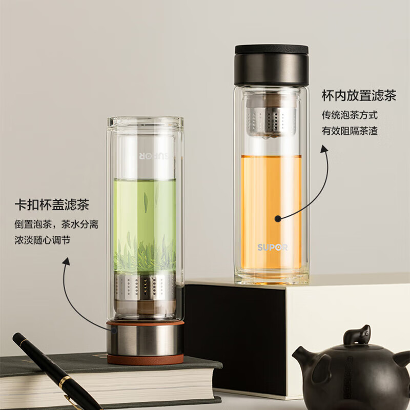苏泊尔(SUPOR) 双层玻璃泡茶杯380ML小牛皮棕 KC38JF10高清大图