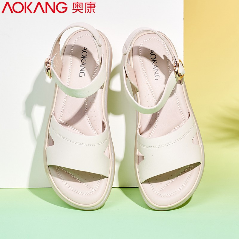 奥康凉鞋女夏季时尚舒适女鞋软底防滑牛皮透气中老年妈妈凉鞋 米色 35