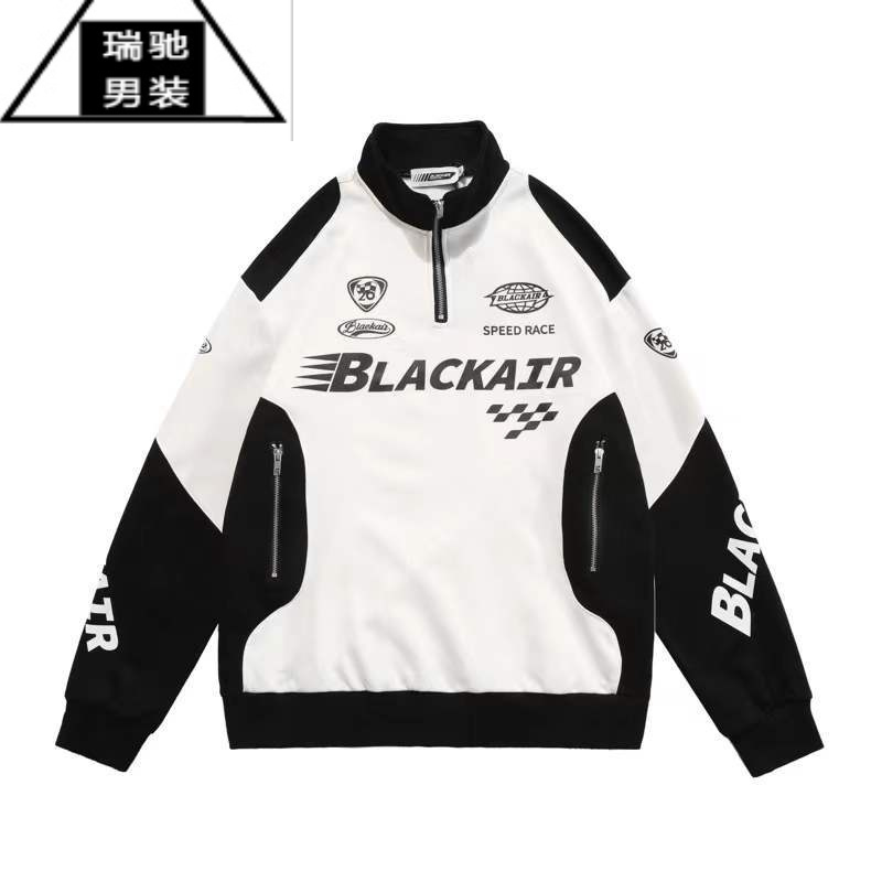 希杰狮王美式复古半拉链拼色赛车服卫衣男女春秋情侣潮牌高街机车外套