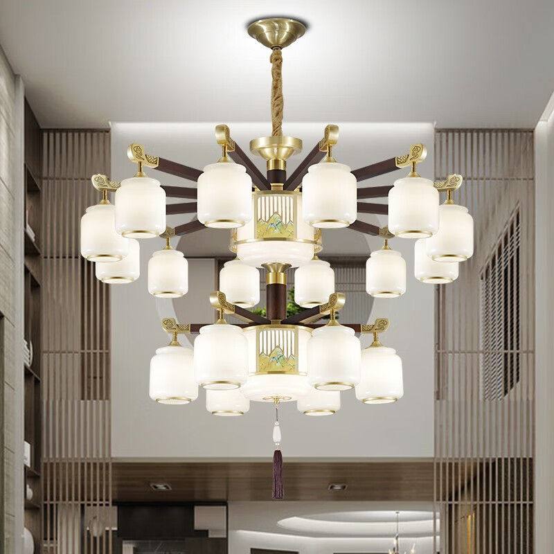 澳松别墅客厅复式楼大吊灯中空楼梯新中式红木全铜酒店餐厅灯罩朝下灯