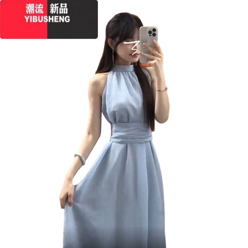 YIBUSHENG法式蓝色挂脖吊带连衣裙子女2024年季新款海边度假收腰海新度沙高清大图