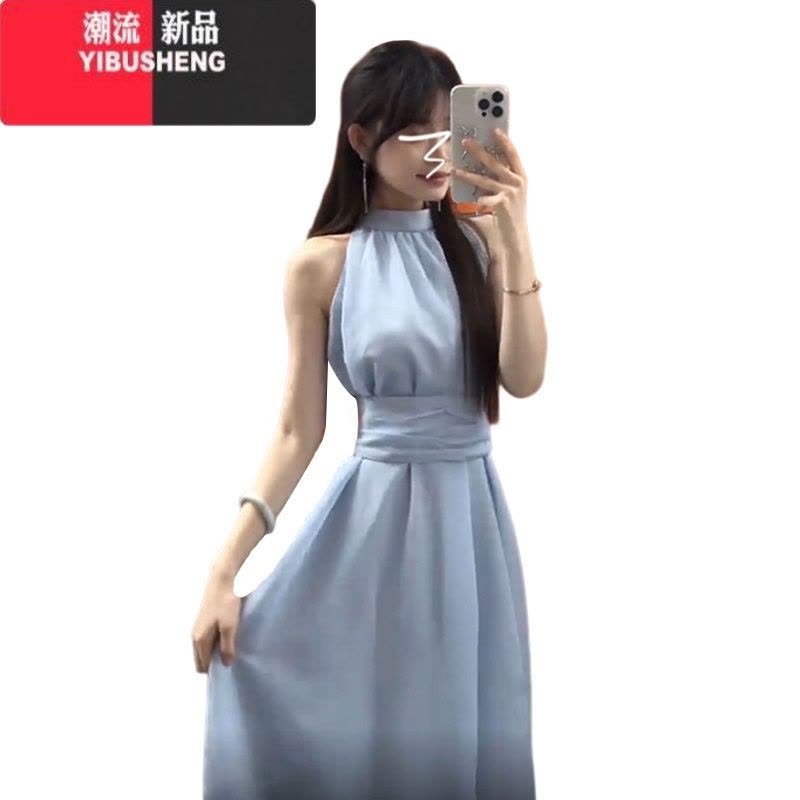 YIBUSHENG法式蓝色挂脖吊带连衣裙子女2024年季新款海边度假收腰沙滩长裙图片