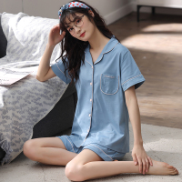 猫人女士纯棉翻领睡衣套装夏季短袖短裤开衫家居服薄款宽松可外穿家居服套装