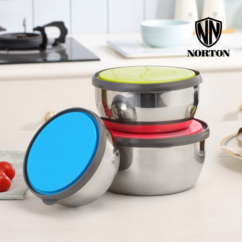 诺顿(NORTON) 5GQL003巧乐组合保鲜碗3件套家用保鲜盒套装沙拉碗便当饭盒不锈钢加厚带盖密封碗圆形汤盆和面盆