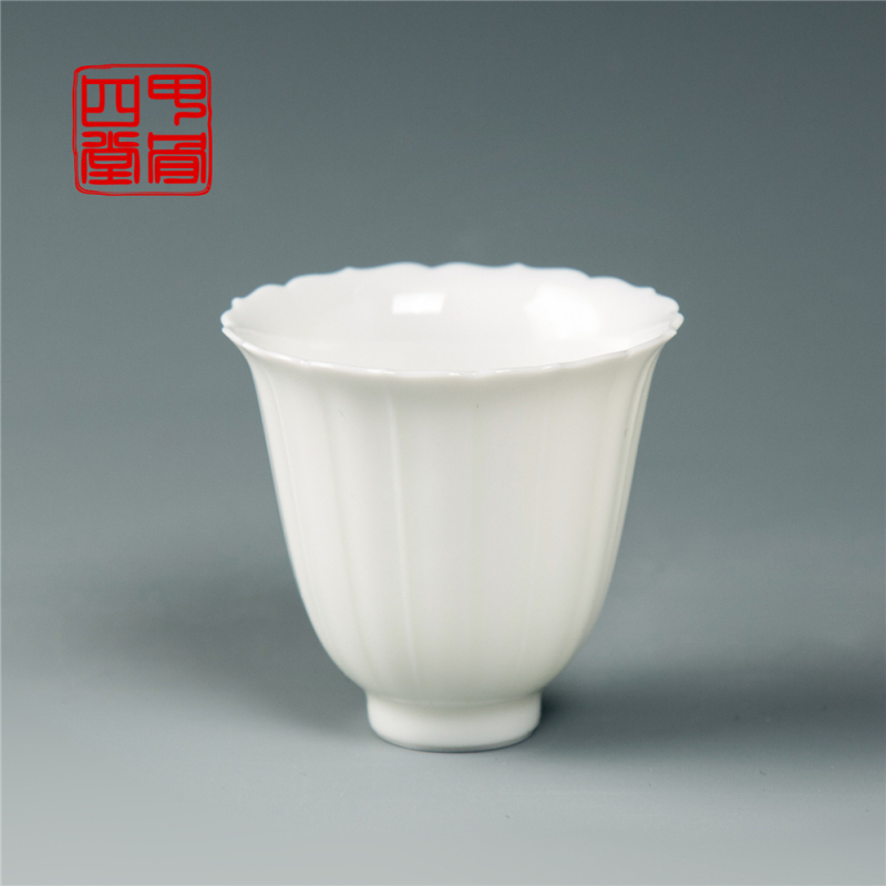 甲骨四堂 茗茶白瓷莲花茶杯带杯碟套装 景德镇白玉瓷素色纯白品茗杯配纯色莲花杯碟