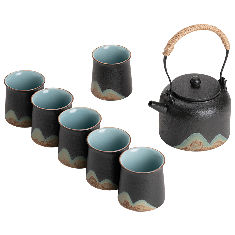 苏氏陶瓷(SUSHI CERAMICS)手绘山水画功夫茶具提梁壶茶具套装1壶6杯礼盒装