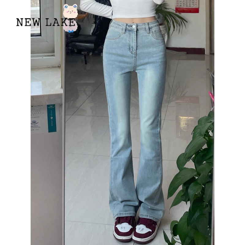 new lake高个子加长浅色微喇叭牛仔裤女新款高腰弹力修身显瘦马蹄裤子