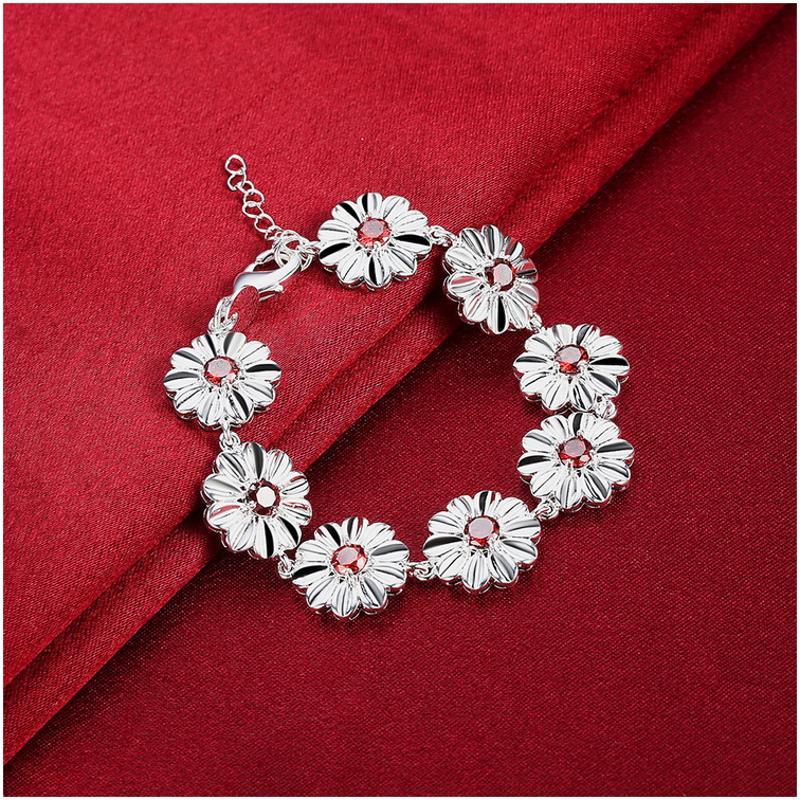 H495Women Silver Bracelet女生饰品红水晶花朵手链镀925纯银复古送女朋友七夕情人节礼物
