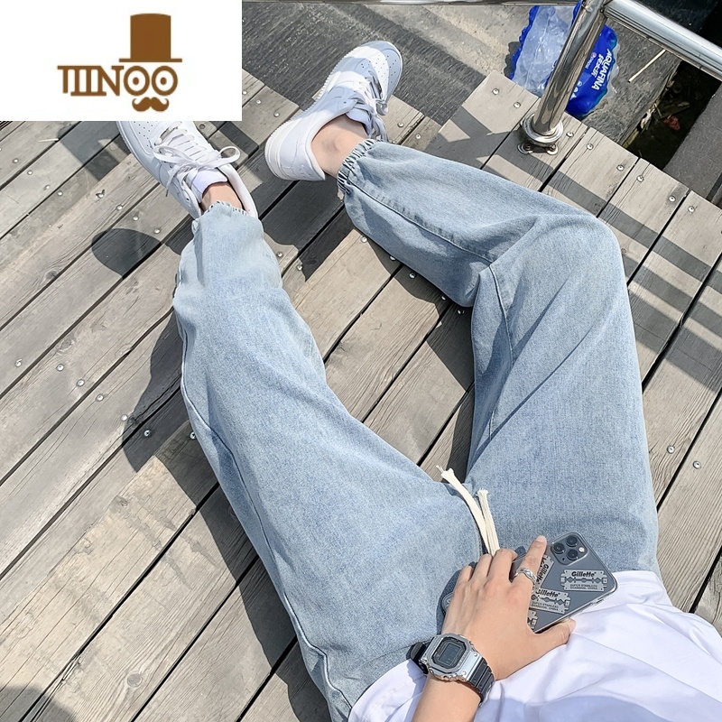 YANXU浅色牛仔裤男士2023夏季薄款潮牌宽松束脚直筒裤子韩版潮流九分裤高清大图