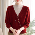 新款冬装妈妈针织衫女时尚气质中老年女装加绒加厚中年女装冬天衣 2XL(建议105-120斤） 安哥拉红上衣