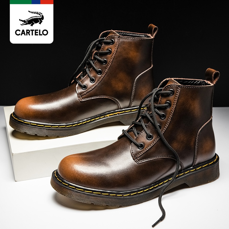 线下专柜同款卡帝乐鳄鱼cartelo新款真皮复古马丁靴高帮皮靴厚底休闲