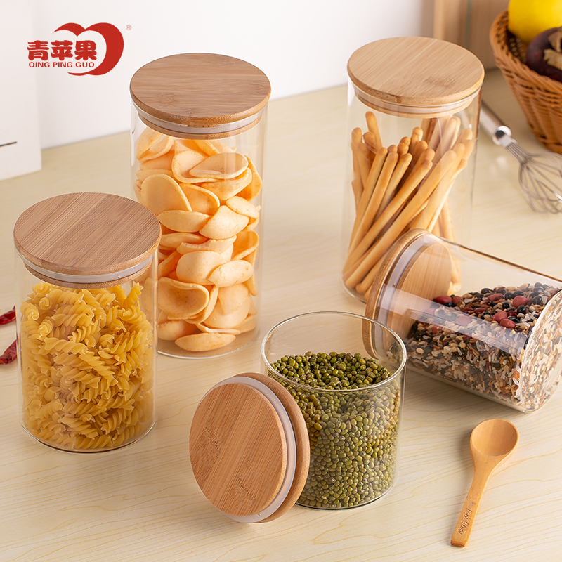 青苹果高硼硅玻璃储物罐大小号密封罐杂粮储物收纳罐食品样品展示罐透明玻璃瓶广口储藏瓶