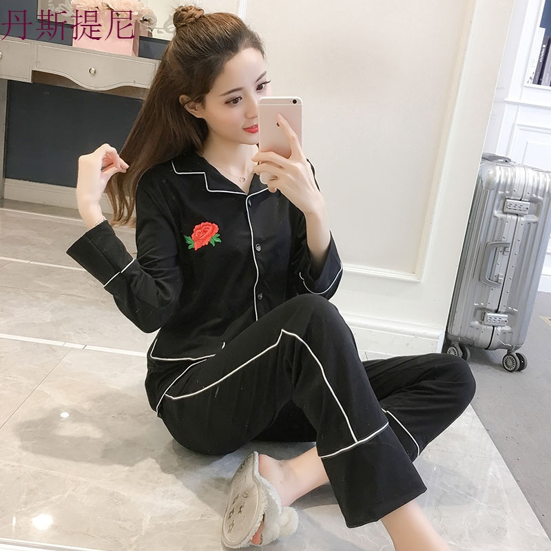 睡衣女秋纯棉长袖套装春秋韩版可外穿加大码宽松家居服产后月子服