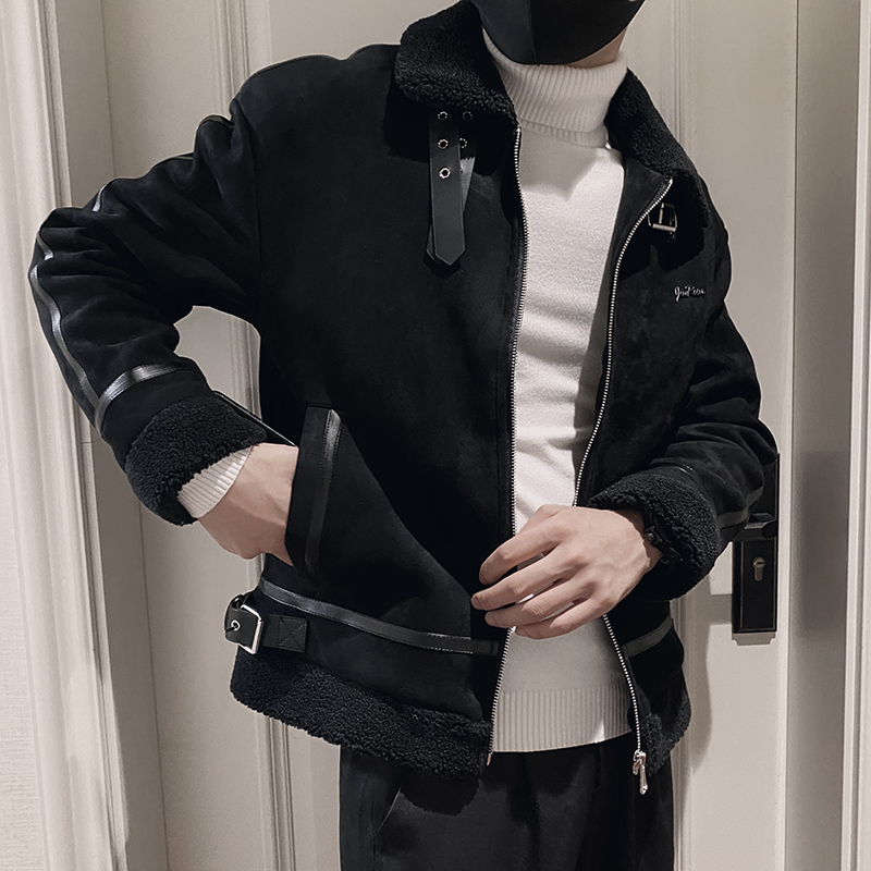 YUANSU冬季绒夹克外套男加绒加厚韩版潮流帅气羊羔一体网红棉衣夹克