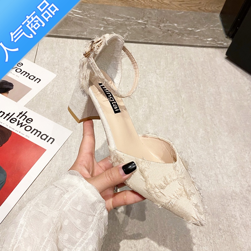 SUNTEK黑色尖头高跟鞋女粗跟2023春夏季新款法式中空包头凉鞋一高字跟U高清大图