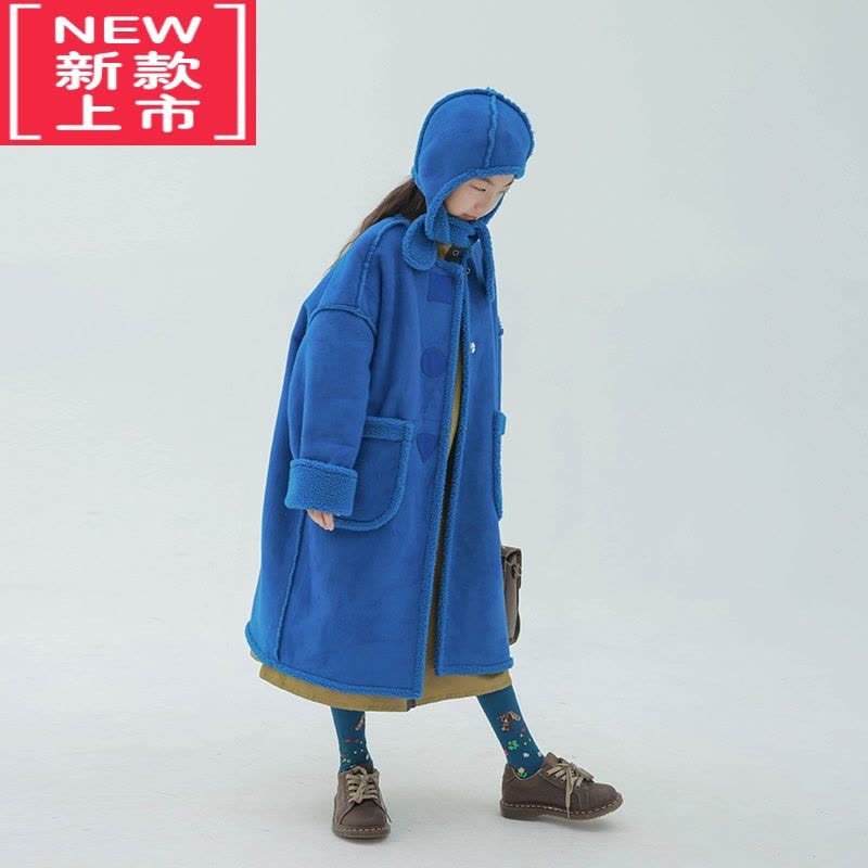 可莉允原创设计儿童大衣外套秋冬2022新品蓝色仿一体长款棉服图片